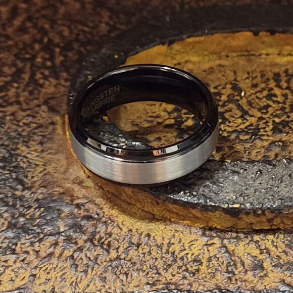 Men's Real Black and silver Tungsten Wedding Ring Black Inner Band Silver Outer - Picture 4 of 6